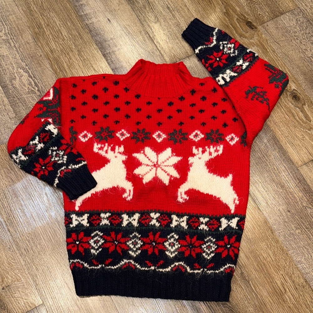 VINTAGE Red and Black Reindeer Holiday Sweater,‎ Wool Blend, Size S